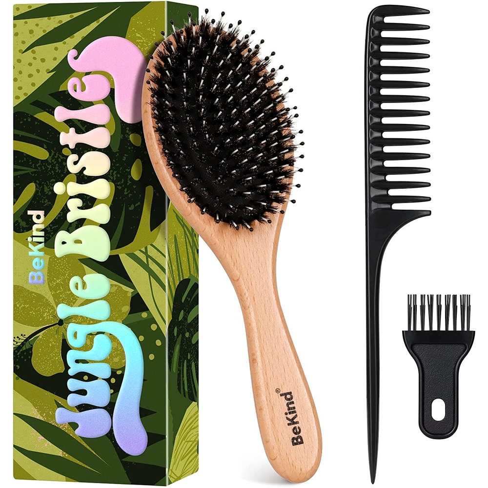BeKind Nature Bristles (4 pcs) Wooden Hair Brush and Hair Comb Kit with Gift Bag